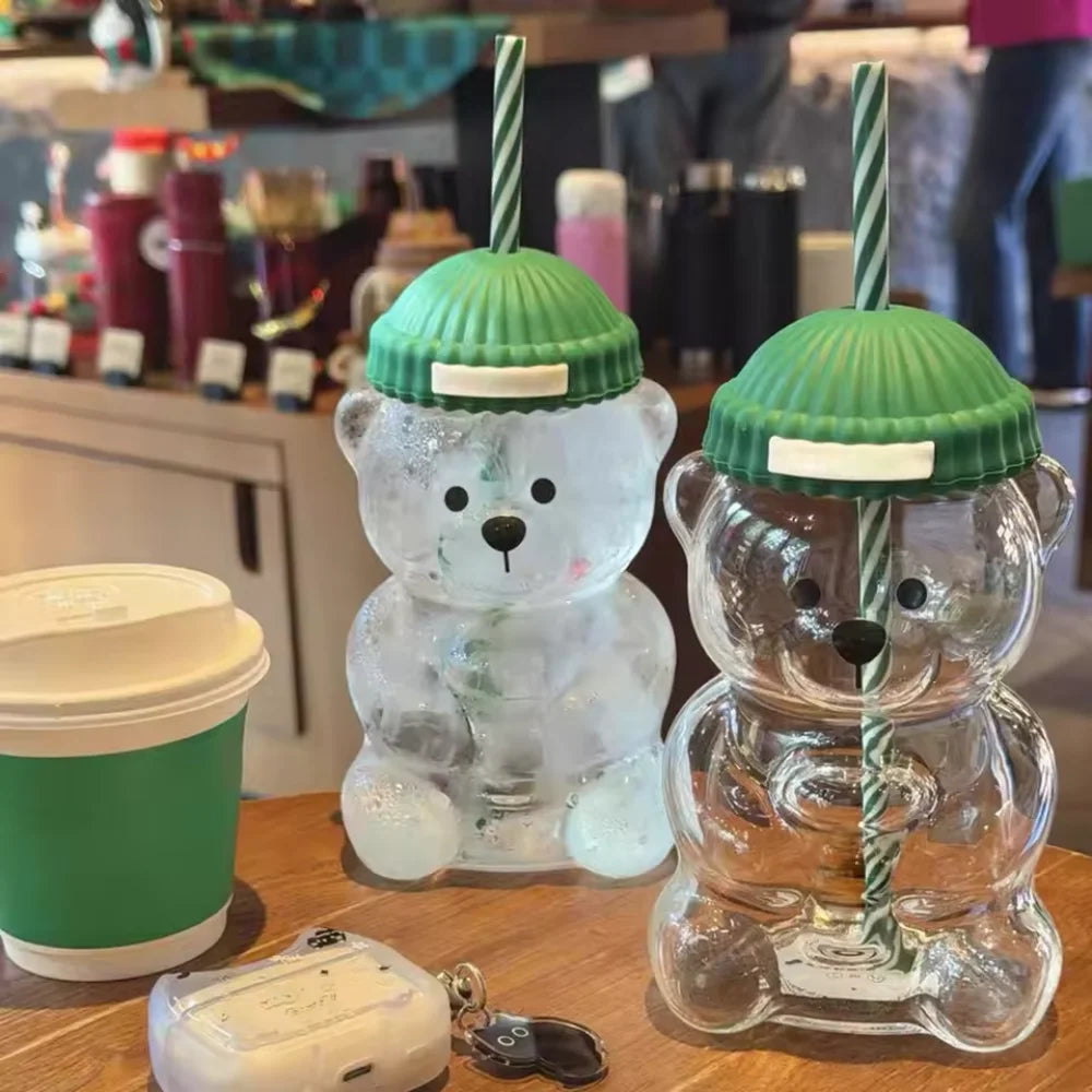 Christmas Bear Cartoon Glass Coffee Cup Star%bk Straw Lid Cold Drink Container Christmas Gift for Family and Friends
