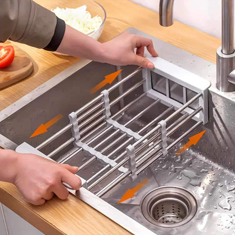 2025 Stainless Steel Extendable Sink Drying Rack - Adjustable Kitchen Drain Basket for Dish/Fruit Organizing Storage Tool