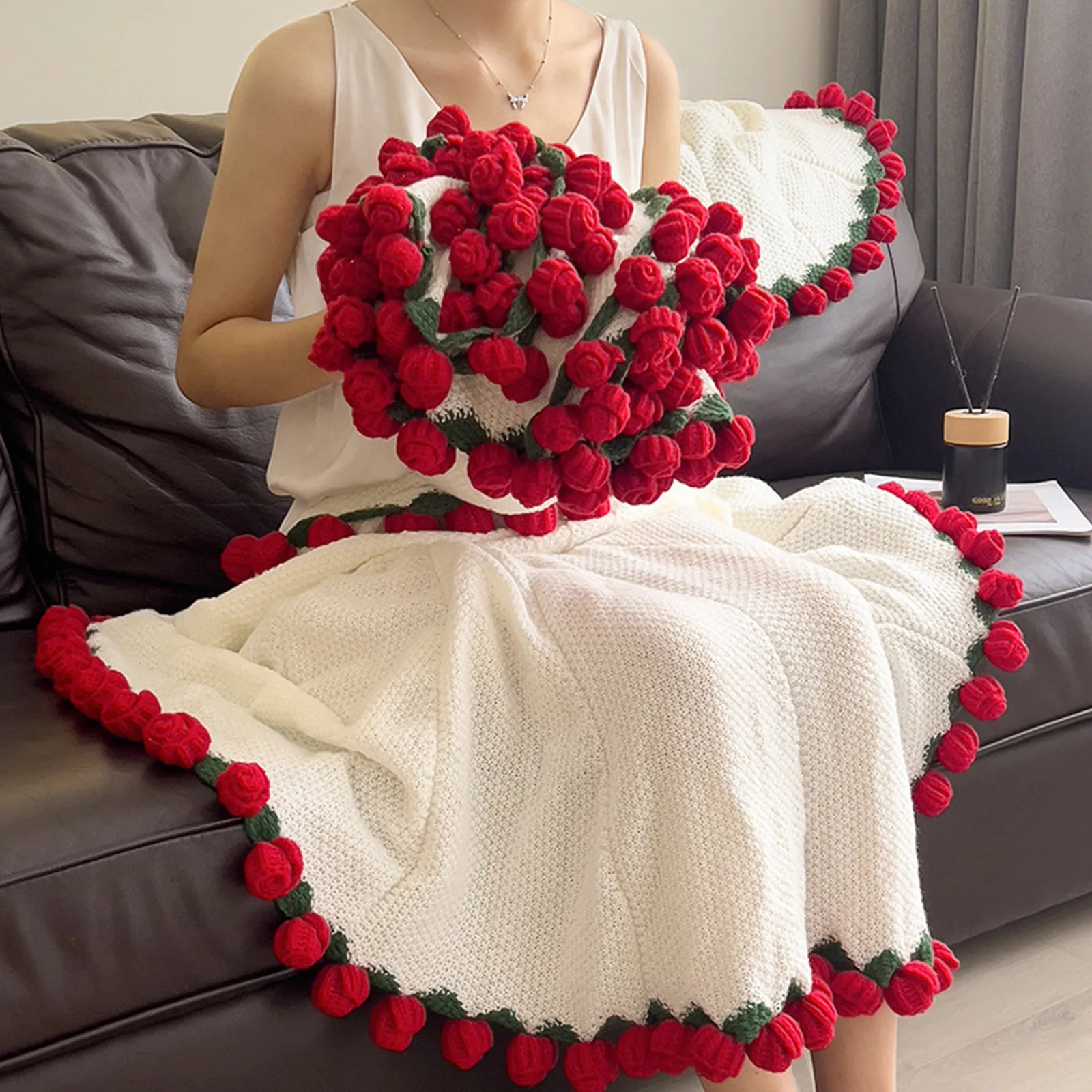Finished Woven Blanket Rose Flower Blanket Bouquet Blanket Crochet Flower Bouquet Blanket Wedding New Year Valentine's Day Gifts