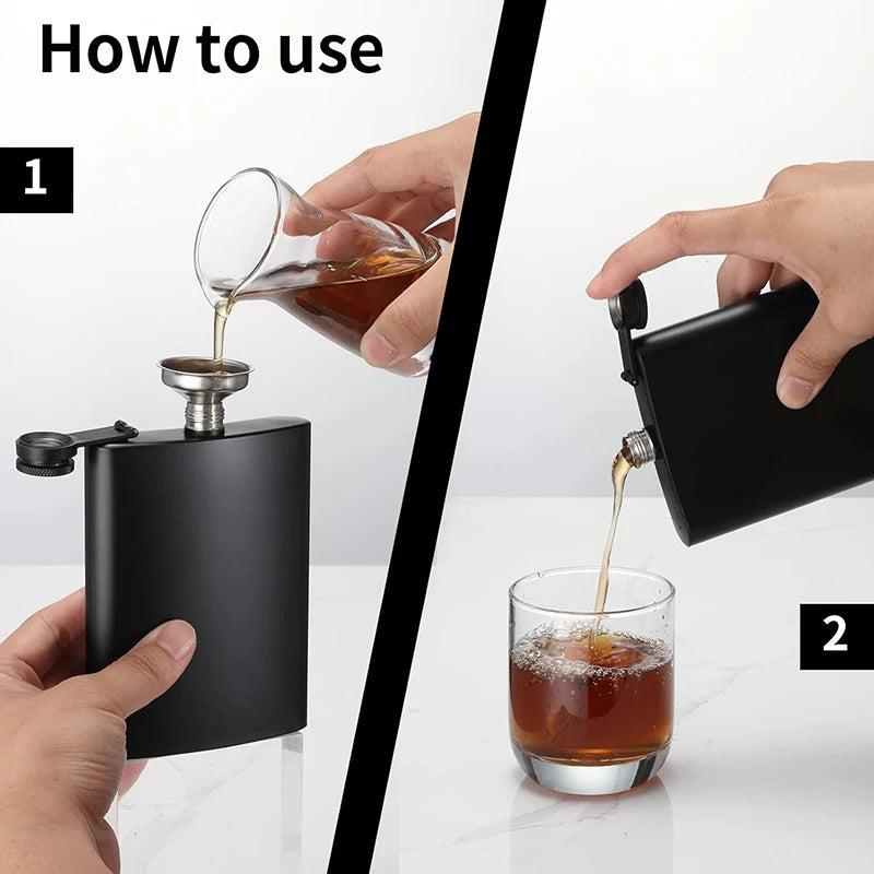 8 10 12 oz Stainless Steel Hip Flask with Funnel Pocket Hip Flask for Liquor Outdoor Wine Bottle Pot Cup Whiskey Hip Flask Black