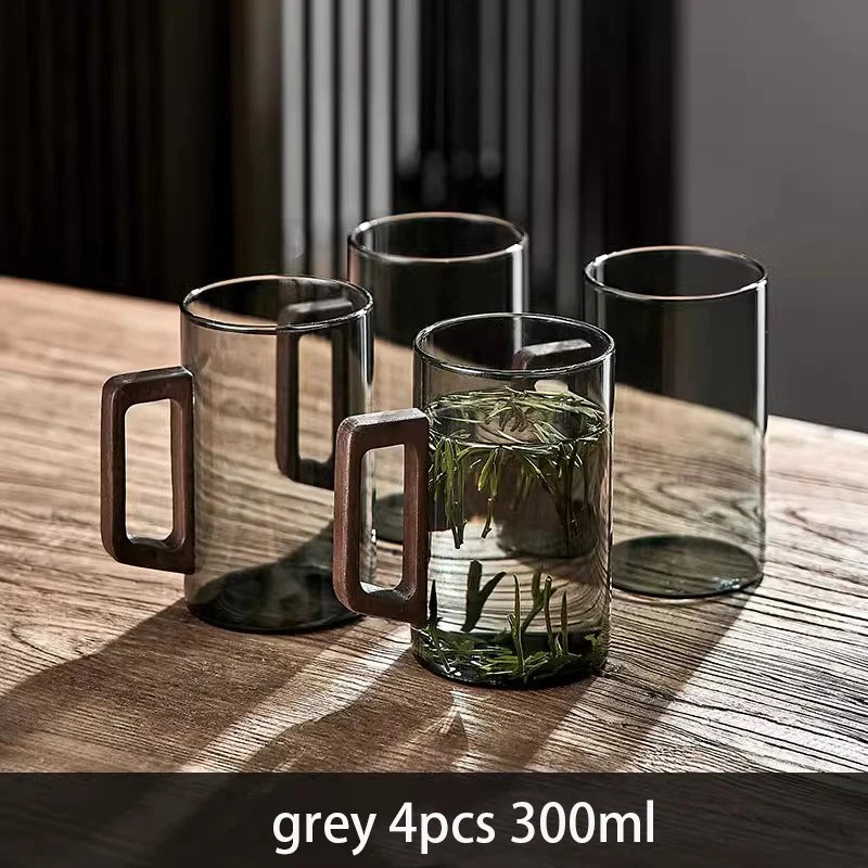 2/4/6pcs Glass Cups With Walnut Handle 300ml Coffee Mug Heat-resistant Tea Making Cup Household Office Drinking Glasse Set