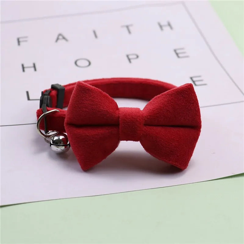 Cat Velvet Collar Solid Color Bowknot Puppy Chihuahua Collars with Bell Adjustable Safety Buckle Cats Bow Tie Pets Accessories