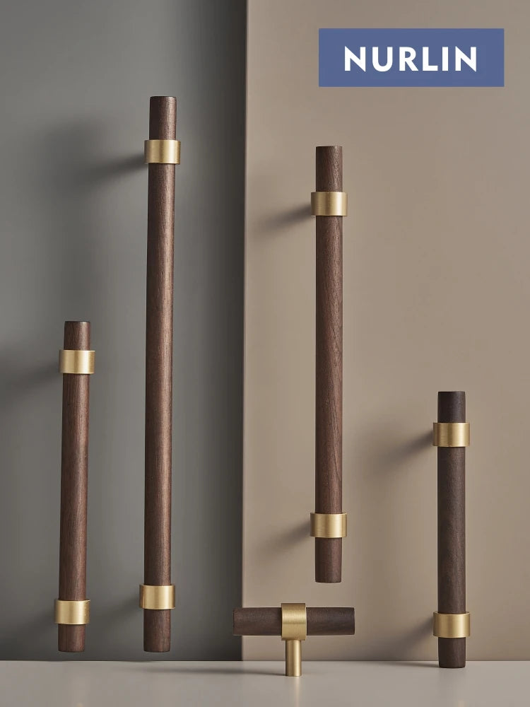 Nurlin Brass Natural Walnut Beech Wood Kitchen Furniture Handle American Nordic Style Drawer Wardrobe Pull T Bar