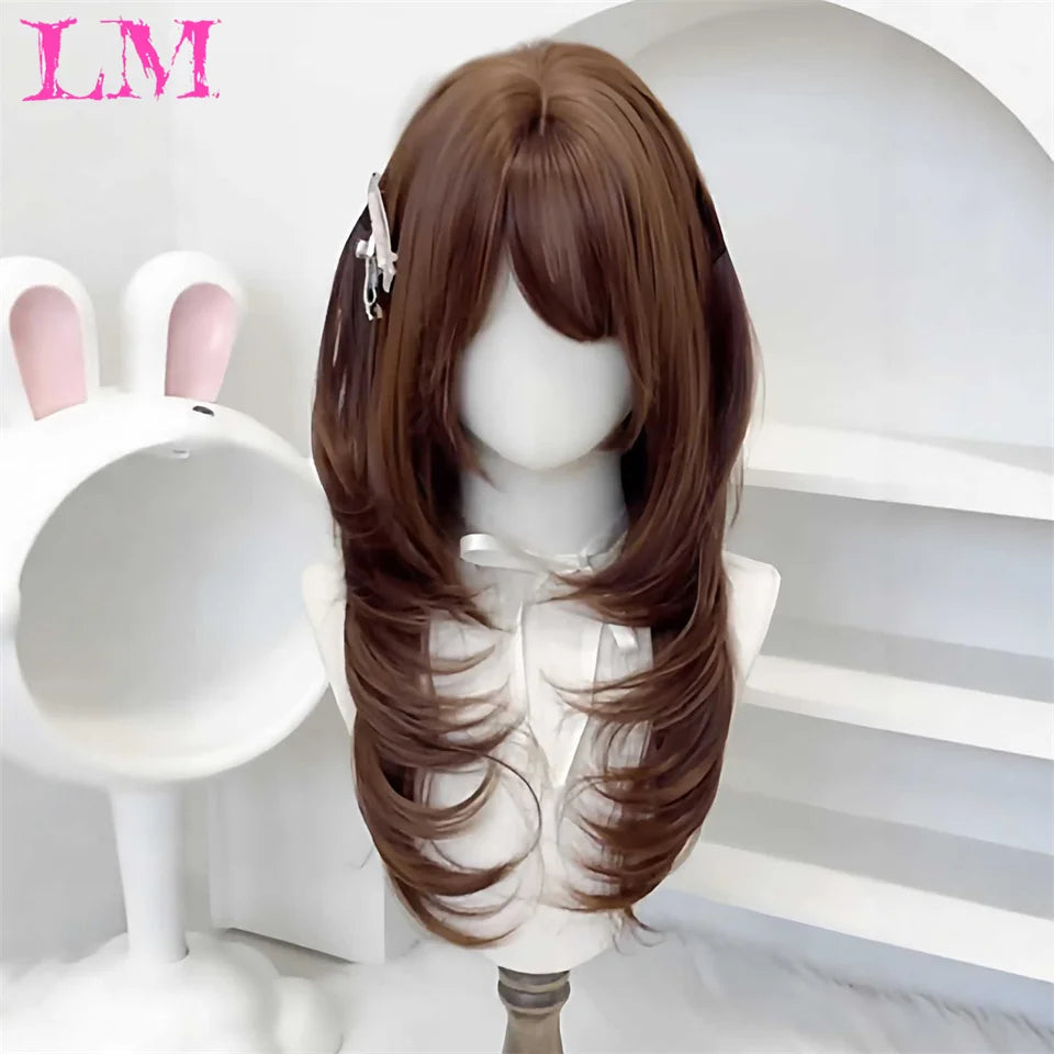 LM Blonde Synthetic Ombre Mixed Pink Blond Long Wavy Wigs with Bangs Cosplay Party UseHeat Resistant Fiber for Women