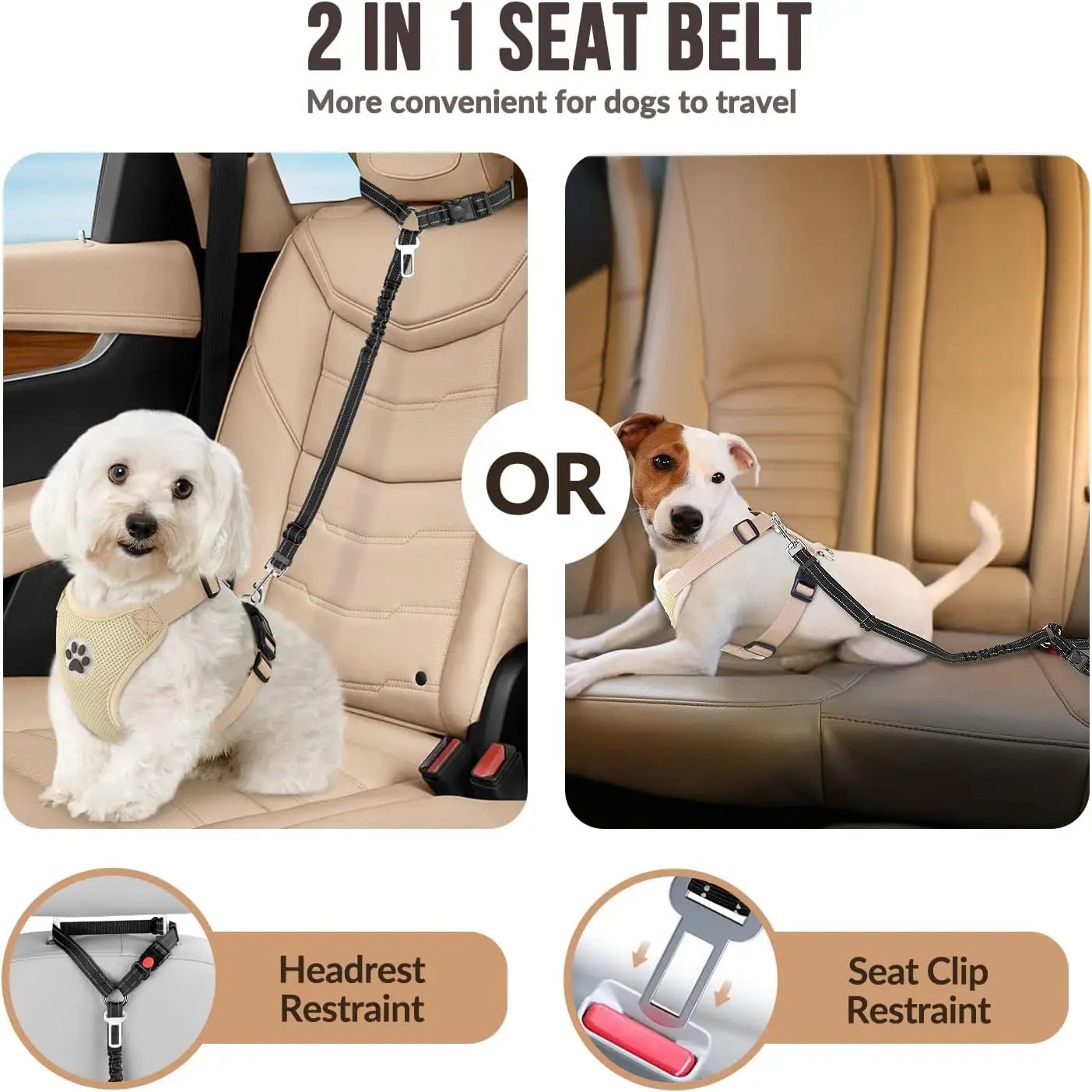 Dog Seat Belt for Car Elastic Headrest Restraint Pet Seatbelt Adjustable Safety Tether Shock Absorb Bungee Dog Leash Reflective