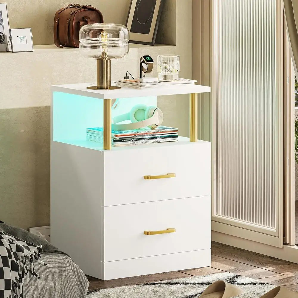LED Night Stand with Charging Station and USB Ports, White Night Stand with 2 Drawers, Modern End Side Tables-Customized