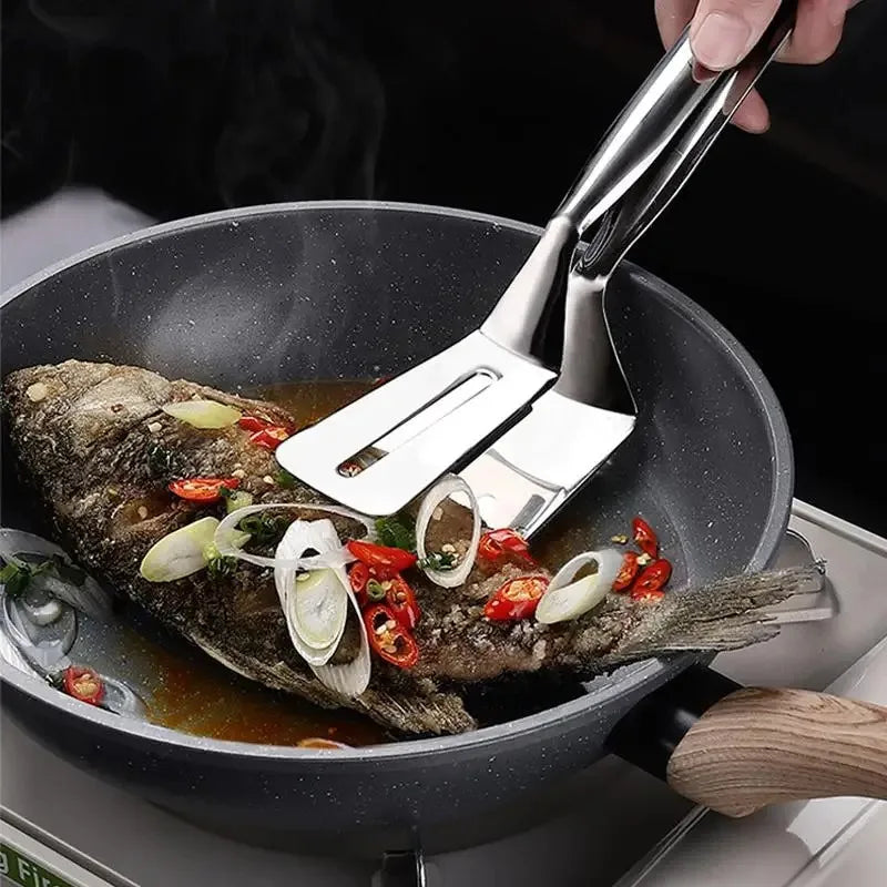 Stainless Steel Frying Shovel Clips Multifunctional Steak BBQ Tongs Frying Fish Spatula Clip  Household Kitchen Tool Bread Clamp