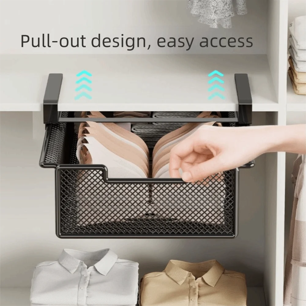 Large Capacity Underwear Storage Basket Pure Color Under Cabinet Hanging Organizer Basket Design Under Shelf Pull-Out Drawer
