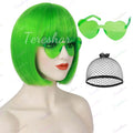 Synthetic Hot Pink Bob Wig+Sunglasses for Women Short Straight Neon Bob Wig with Bangs, 12" Colorful Funny Wig for Party Cosplay