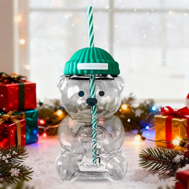 1pc 500ml Christmas Bear Coffee Cup Bear Straw Cup with Lid and Straw Wine Juice Milk Beverages Utensils Holiday Gifts