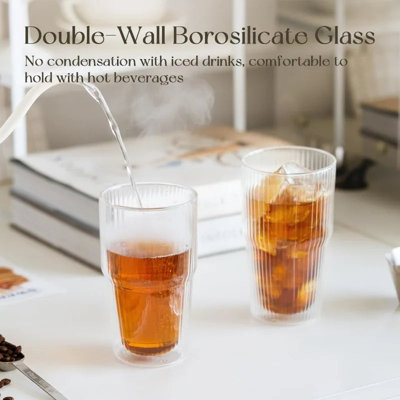 KEMORELA 2PCS Borosilicate 473ML Double Wall Tumbler Glass Coffee Mugs with Striped Design for Iced  Coffee,Bubble Tea and Juice