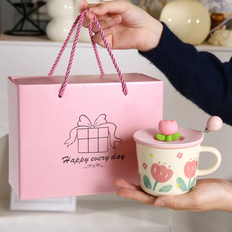 Creative Coffee Mug with Tulip Flower Design Ceramic Cup for Women Aesthetic Ins Style Breakfast Cup
