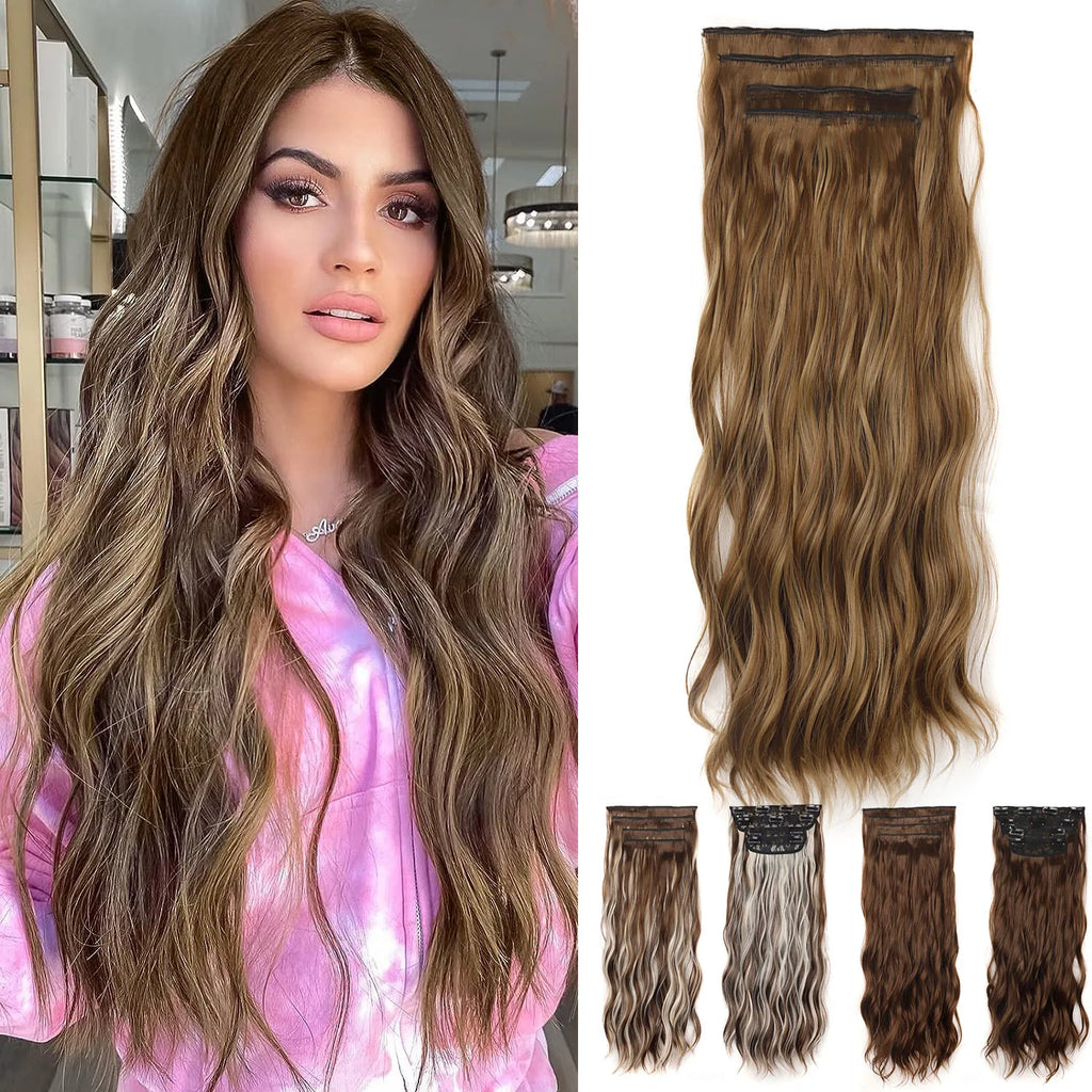 Clip in Hair Extensions 4PCS Thick Hairpieces Long Wavy Clip in Hair Piece Full Head Synthetic Fiber Hair Extensions for Women