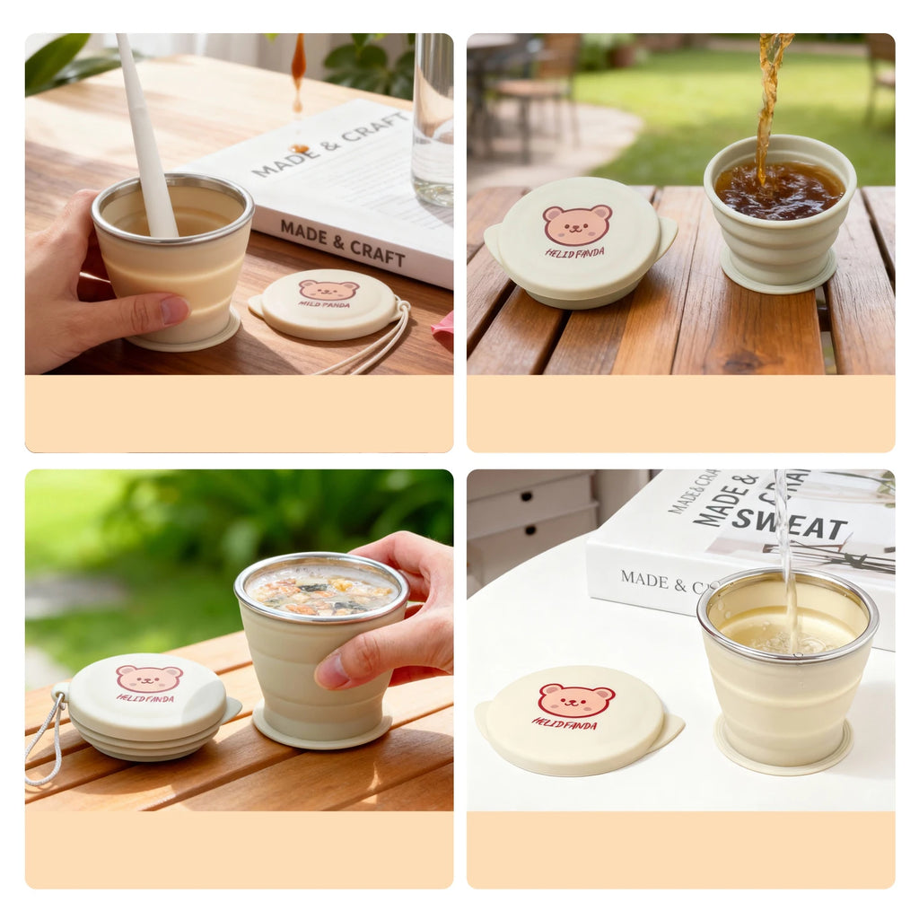 Outdoor Portable Silicone Folding Cups With Lid Cute Bear Heat-Resistant Telescopic Collapsible Water Mug for Travel Camping