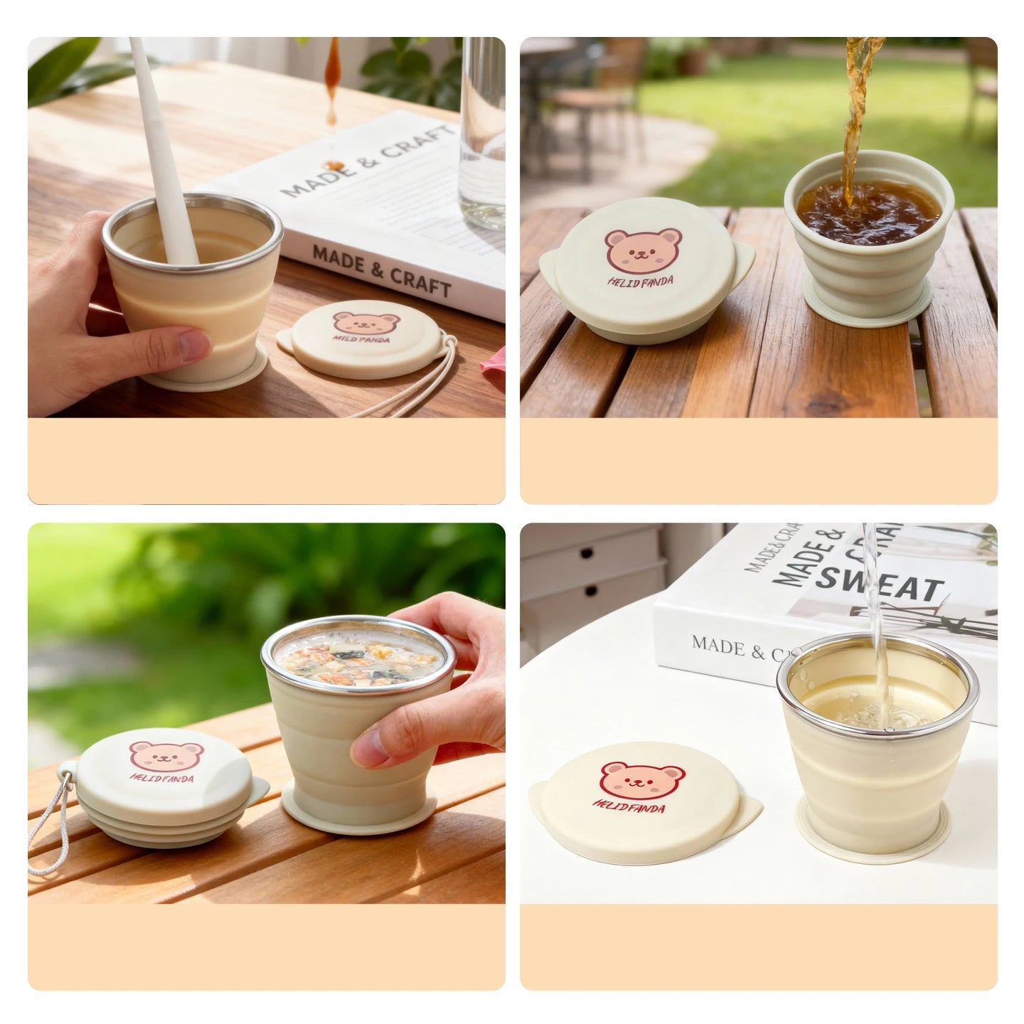 Outdoor Portable Silicone Folding Cups With Lid Cute Bear Heat-Resistant Telescopic Collapsible Water Mug for Travel Camping