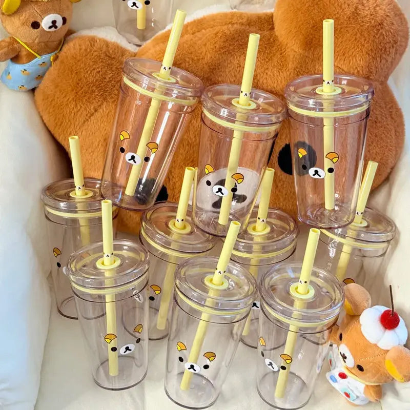 Rilakkuma Straw Cup Large Capacity Transparent Double Layer Cute Cartoon Cold Drinks Water Bottle Portable for Girls