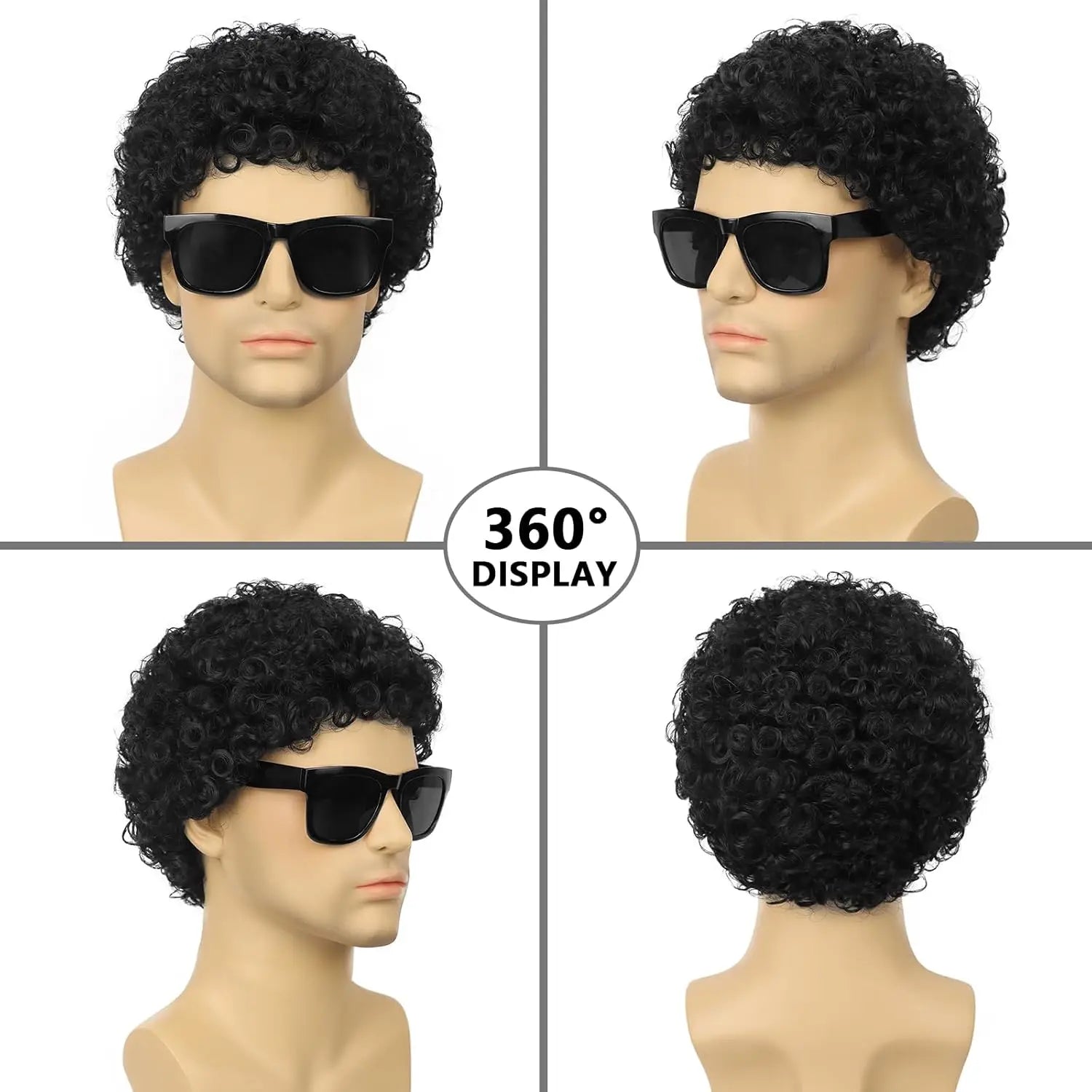 Synthetic Mens Short Afro Curly Wig With Glass for Male 70s 80s Disco Guy Rocker Halloween Cosplay Fancy Daily Party Costume
