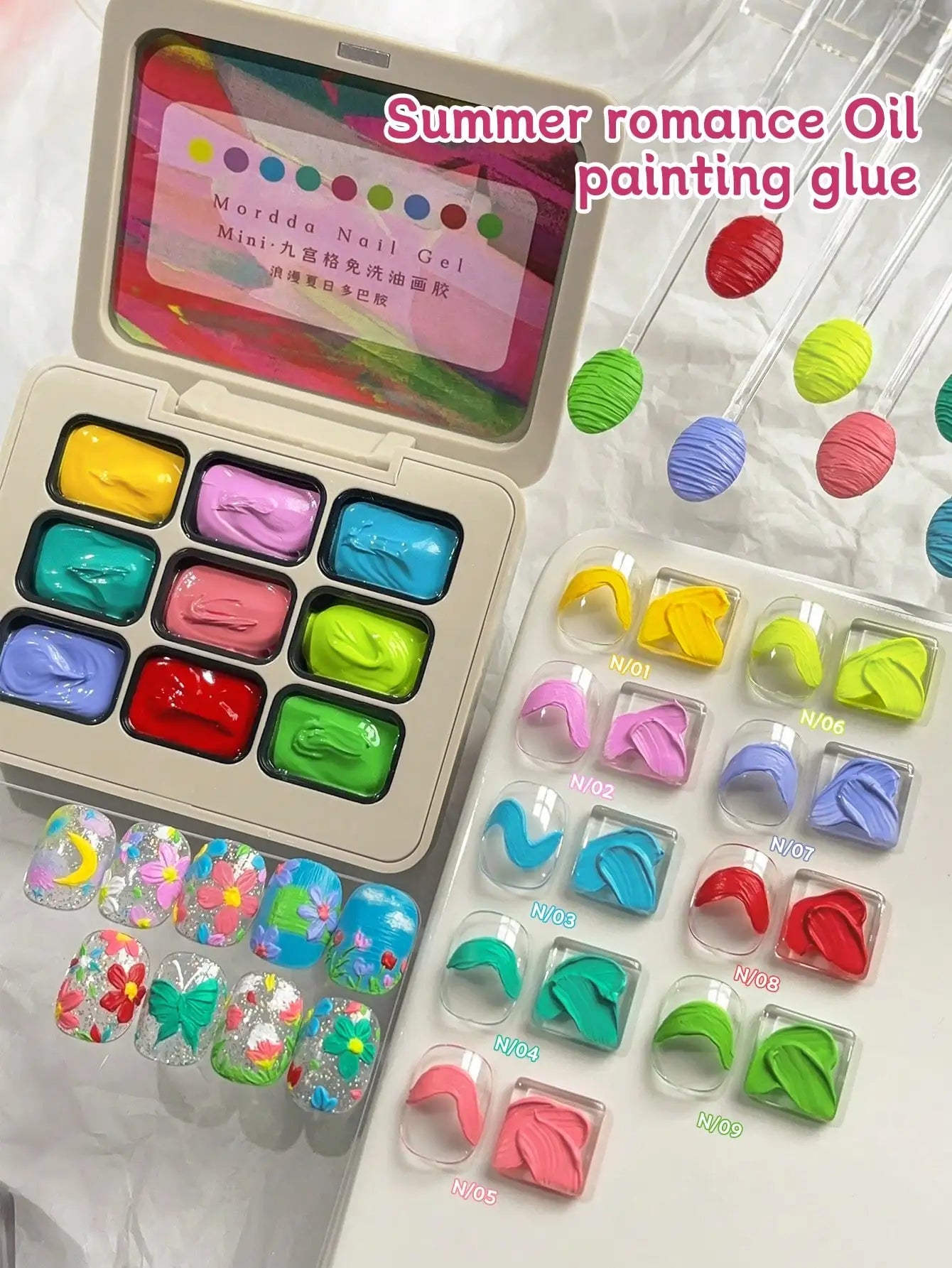 MORDDA 9pcs Summer Romance Oil Painting Glue Dopamine Color Suits, High Gloss Multi-Color Solid Gel Oil,Used For Nail Salons
