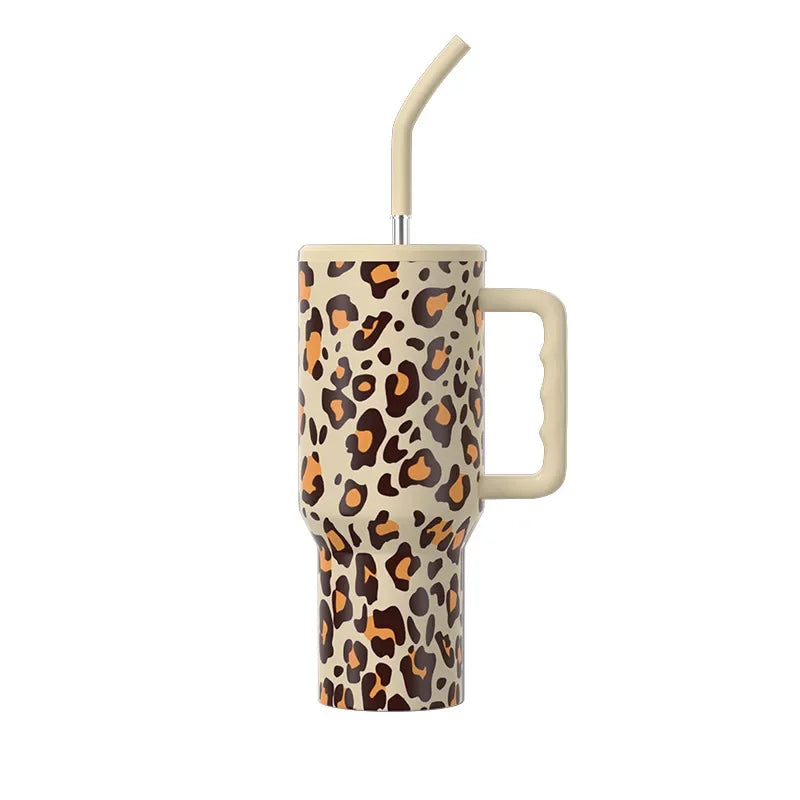 Leopard Print Fashionable Spicy Girl Thermos Cup with Large Capacity and Handle Water Cups Car Portable Thermos Cup Fashion Item