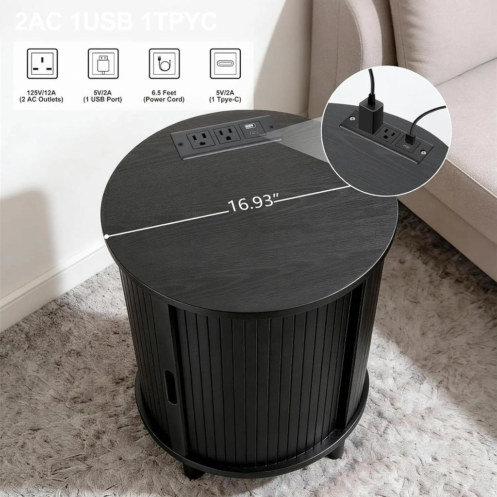 Round End Table Storage Charging Station Fluted Nightstand Small Spaces, Customized