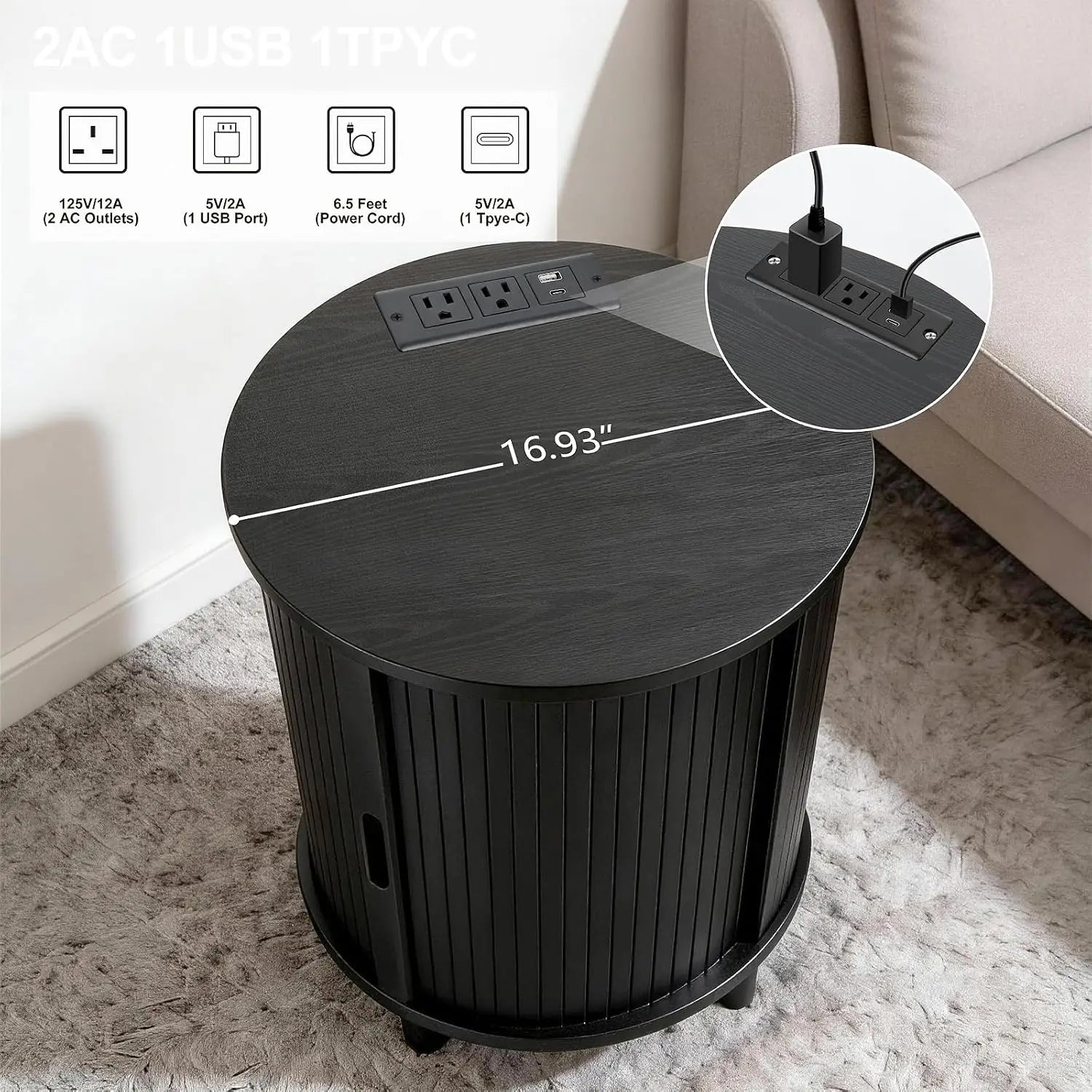 Round End Table Storage Charging Station Fluted Nightstand Small Spaces, Customized