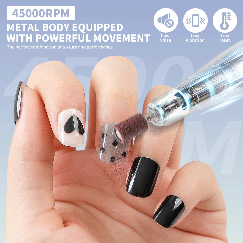 45000RPM Professional Nail File Rechargeable Electric Nail Drill Machine Low Noise Nail Sander File For Manicure Salon Tool