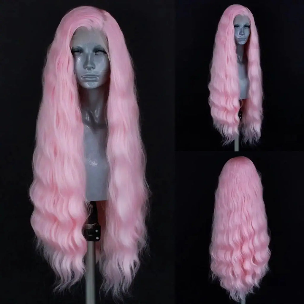 Pastel Pink Natural Wave Wig Synthetic Lace Front Wigs For Women Long Loose Curl Lace Hair Heat Resistant Cosplay Light Pink Wig