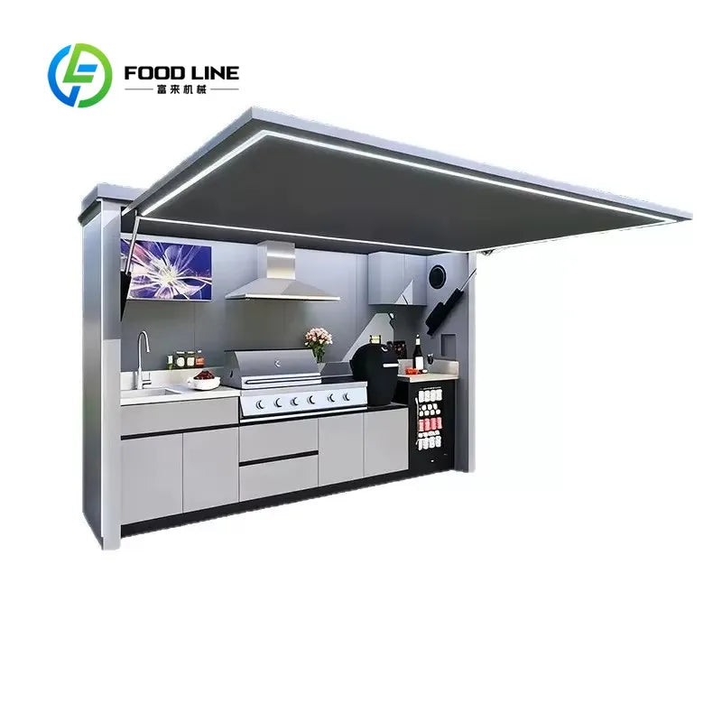 Modular Outdoor Kitchen Pod with Retractable Awning & LED Lights All-in-One BBQ Outdoor Kitchen Station