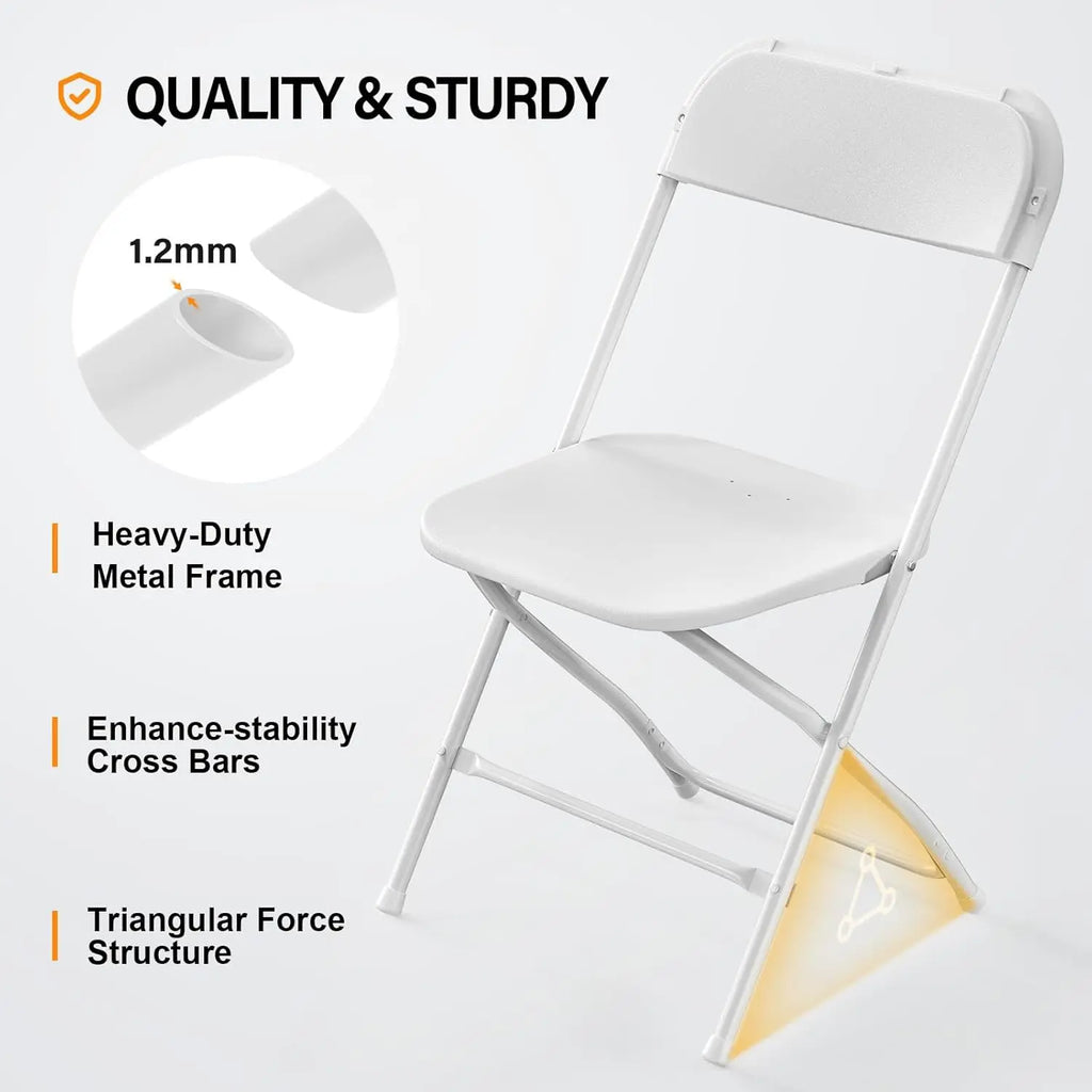 8 Pack White Plastic Folding Chair, Indoor Outdoor Portable Stackable Commercial Seat with Steel Frame 350lb.