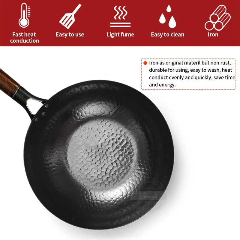 28cm Non-coated Cast Iron Wok Non-stick Pan Smokeless Fried Pan Cook Pots Kitchen Cookware Chef Pan Cooking Tools