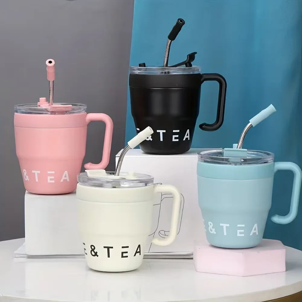 480ml Stainless Steel Coffee Cup with Straw Lid Thermos Mug Portable Water Tea Milk Bottle for Hot And Cold Drinks Office