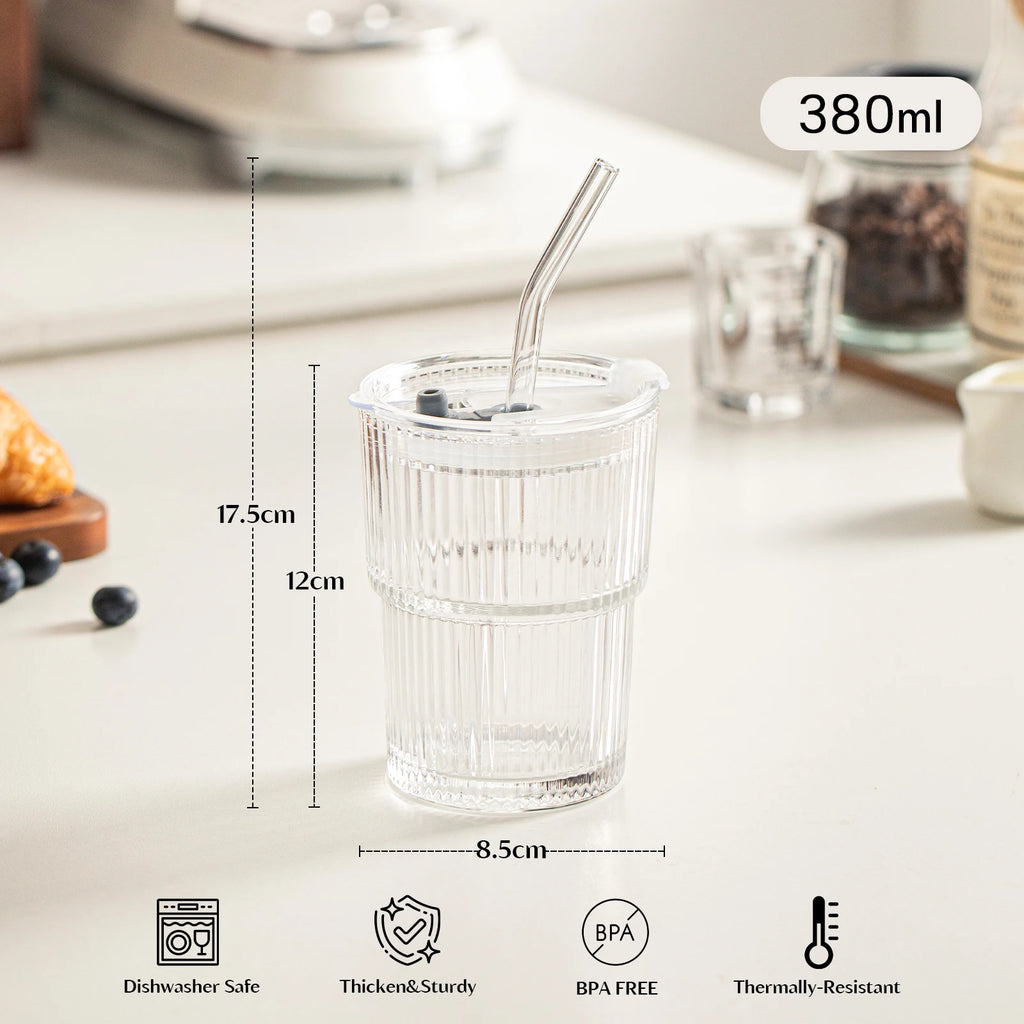 1/2PCS 450ml Stripe Glass Cup Whiskey Glass Transparent Glasses With Lid and Straw Ice Coffee Mug Juice Glass Milk BeerDrinkware