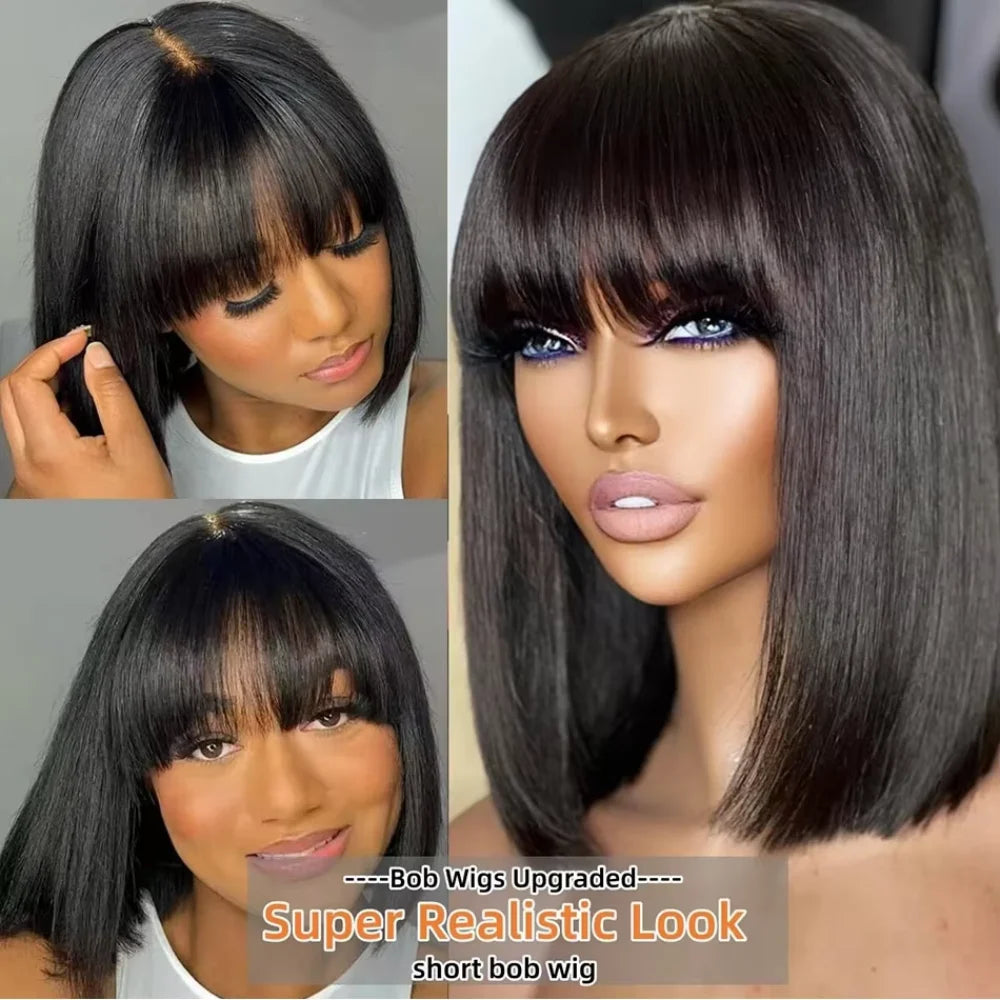 Straight Short Bob Human Hair Wigs With Bangs Full Machine Made 3x1 Lace Middle Part Fringe Bob Wig For Women