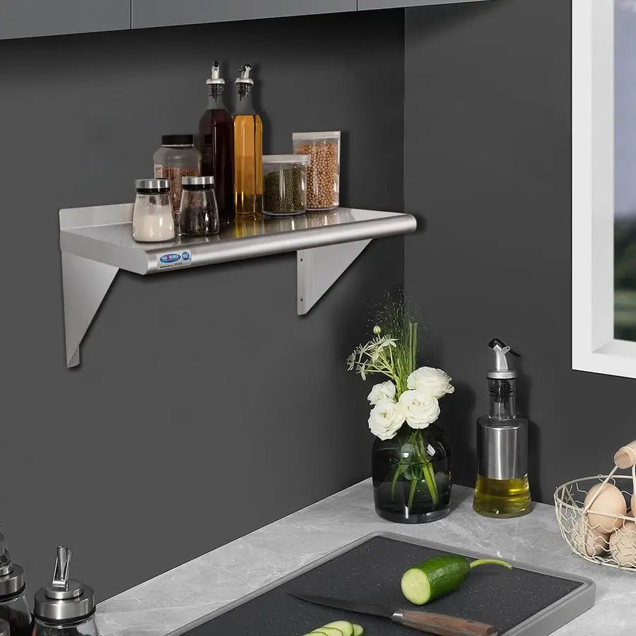 Stainless Steel Shelf 12 x 24, 210lb Commercial Shelves Wall Mount Metal Shelving with Backsplash and Brackets for Kitchen, Rest