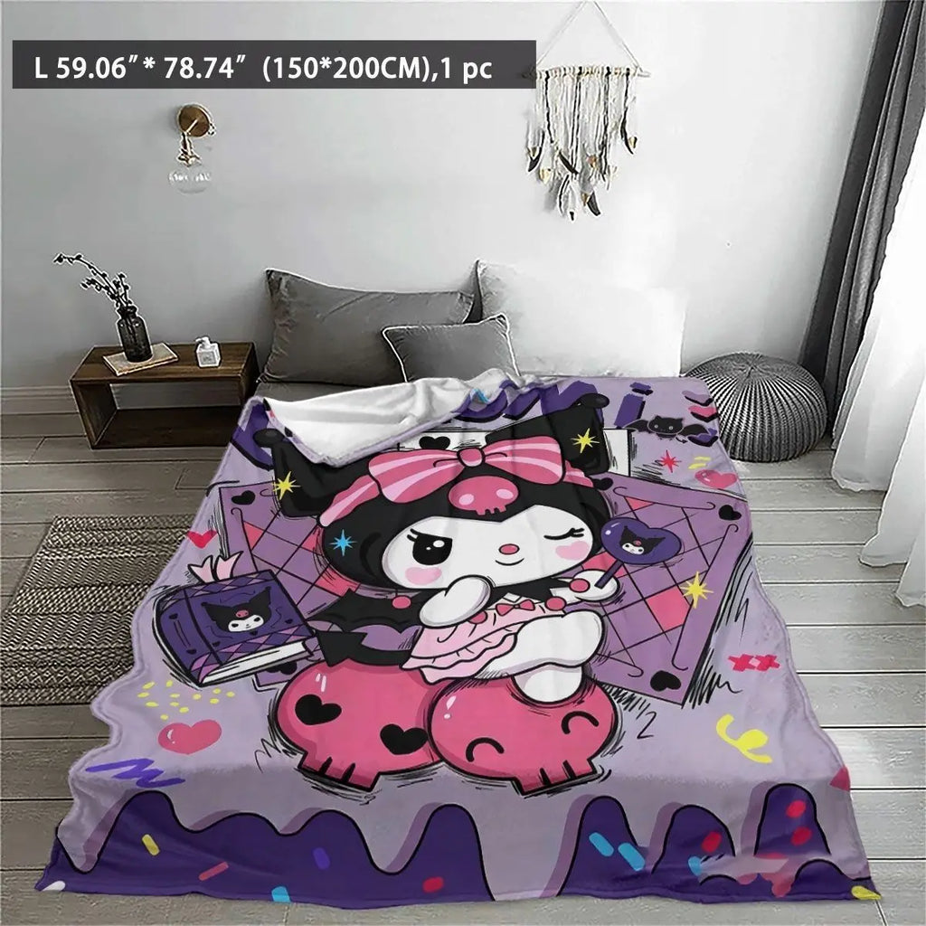 Kuromi Pink Flame Trendy Blanket Edgy-style fleece throw bold for sofas Cozy warm decor gift with flame-patterned Kuromi design