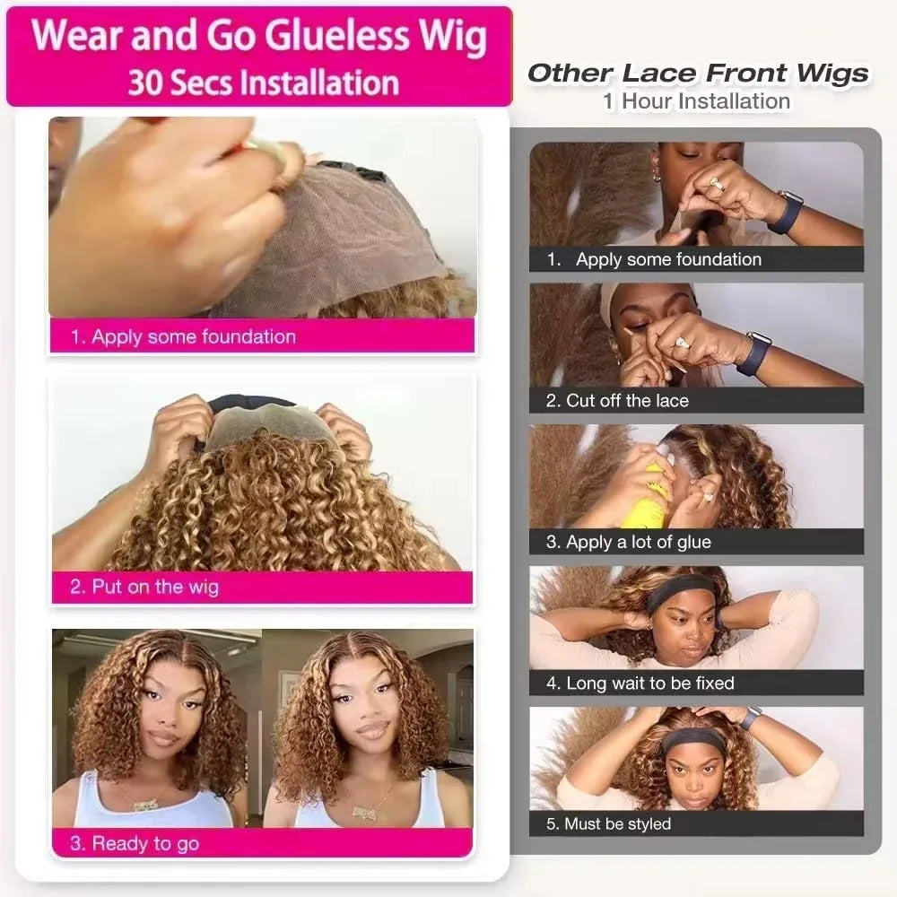 Curly Short Bob Wig Highlight 4/27 Honey Blonde 100% Human Hair 5x5 Glueless Closure Wig Deep Wave For Women Virgin Human Hair