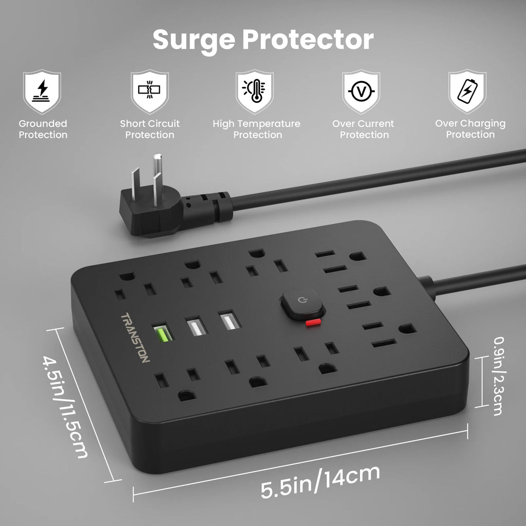 5-Foot  power strip Power Outlet with Surge Protector, 9 ac, 3 USB Ports, Extension Cord, Quick Charge, for Home and Office