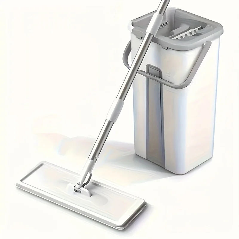 Hand-Free Flat Mop and Bucket Set Wet Dry Floor Cleaning System for Home Room Floors
