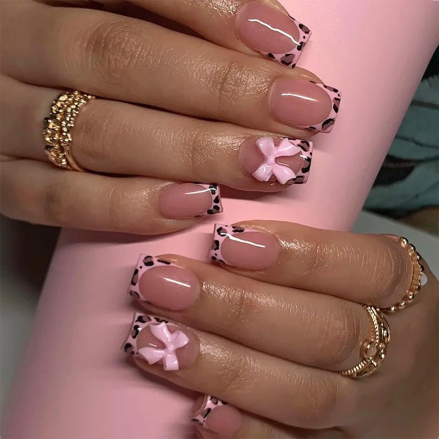 10Pcs Pink French Style Fake Nails 3D Bowknot Designs Short Square Press on Nails Sweet Korean Fashion False Nail for Women Girl