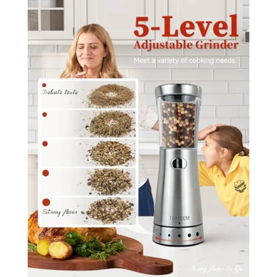 Electric Salt and Pepper Grinder Set with Storage Base Stainless Steel Rechargeable 4.5 oz Large Capacity 1.8 Wide Mouth Adjust