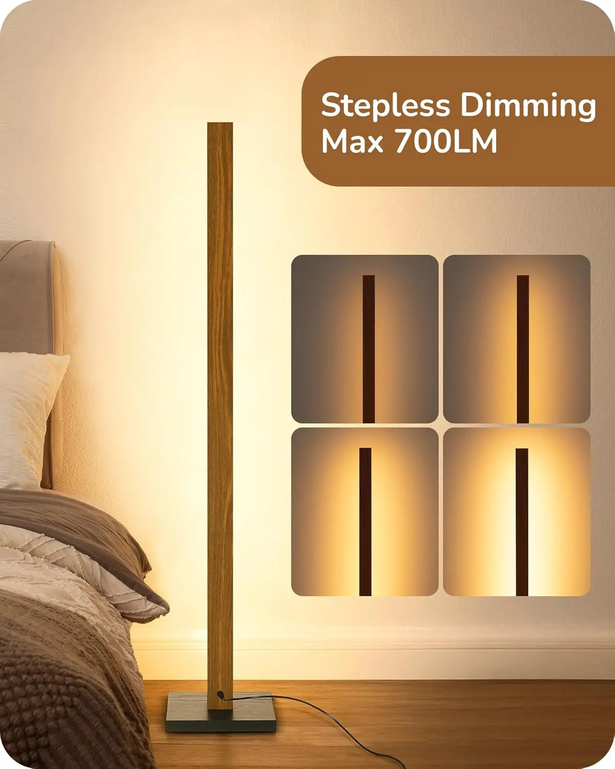 Modern Dimmable Wood LED Floor Lamp with Remote, 7 Color Temperatures for Living Room, Bedroom, Office