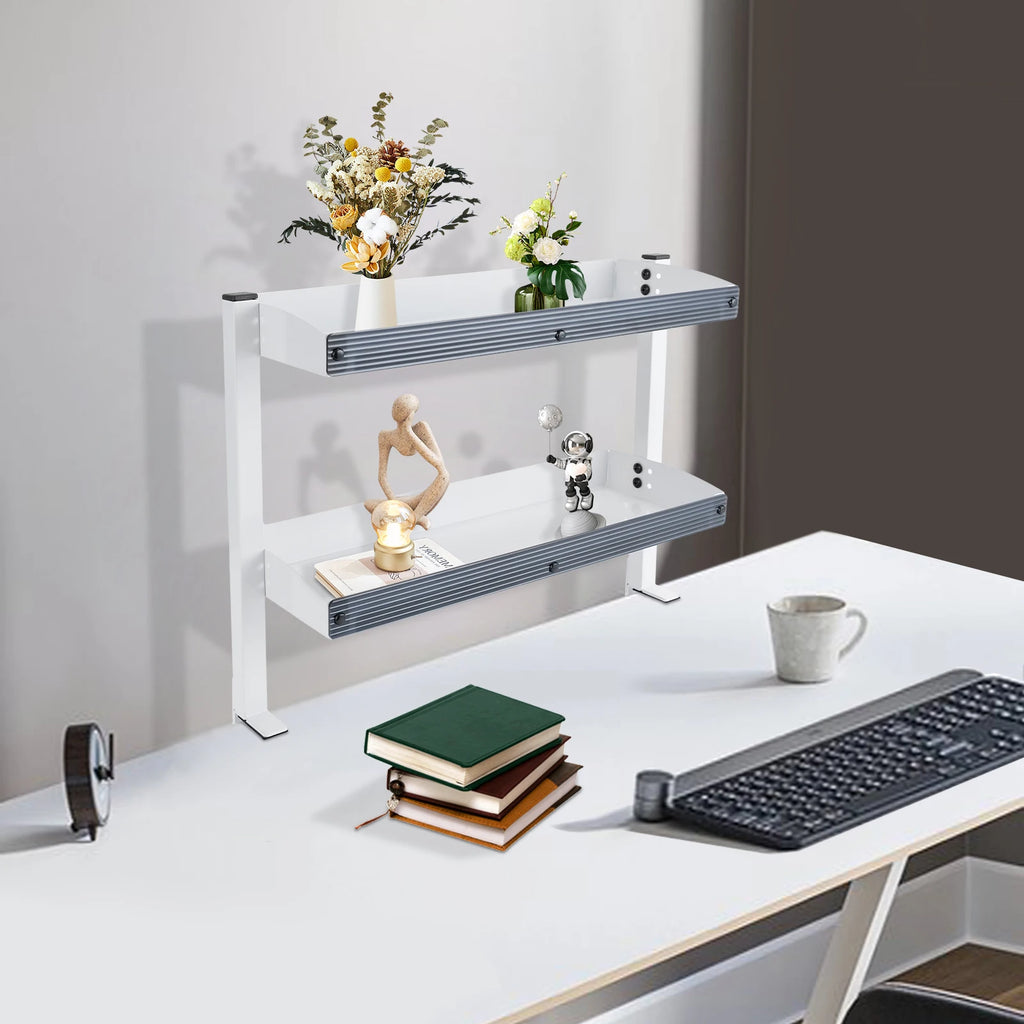 Clamp-on Desk Shelf, 2-Tier, Above or Under Table Corner Shelves Metal Organizer, White
