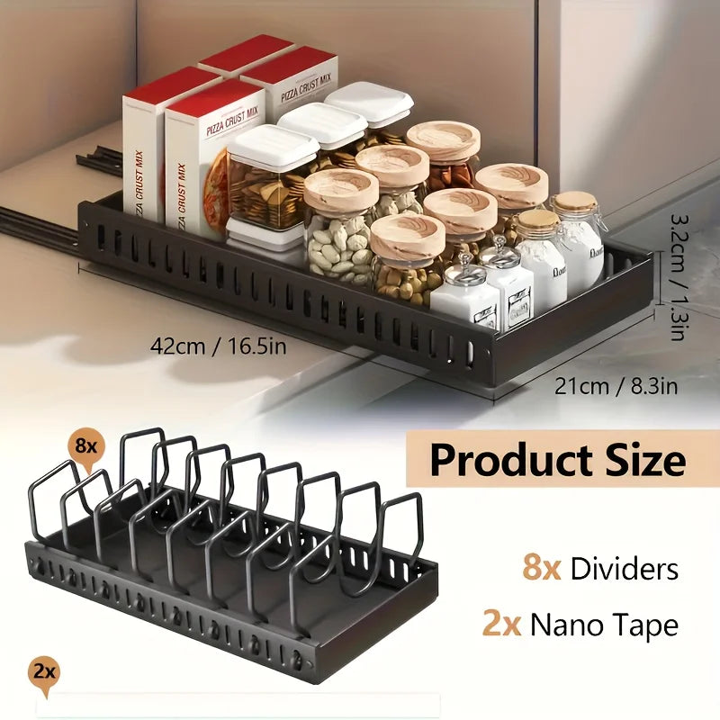 1pc Under-Cabinet Sliding Pull-Out Lid Organizer - with 8 Adjustable Dividers