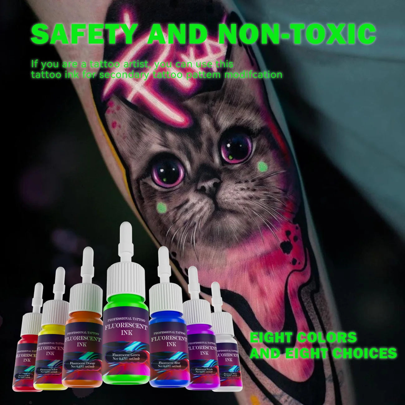 DM 8PCS 5ml Fluorescent Tattoo Ink Set Professional Tattoo Pigment Tattoo Painting Tattoo Supplies Professional Supply