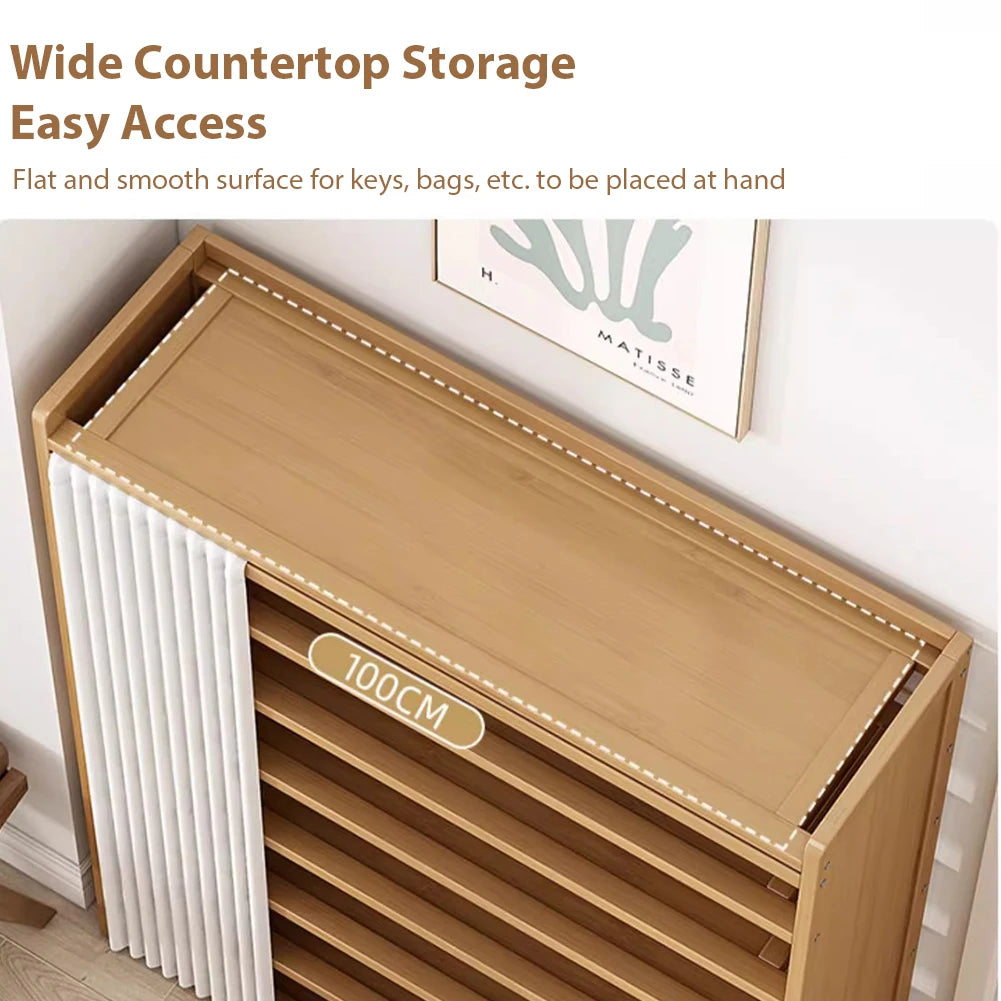 6-Tier Shoes Racks Organizer with White Gauze Curtain Wooden Cabinet Organizer for Entryway Hallway Bedroom Closet Living Room