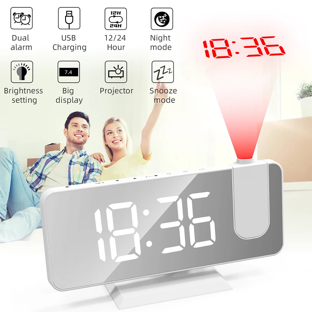 Digital Projection Alarm Clock Large LED Display 180° Rotatable Projector & Dimmer 12/24H DST With Time Temperature for Home Bed