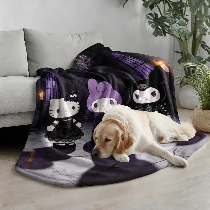 Sanrio Hello Kitty My Melody Kuromi Flannel Blanket Kawaii Gothic Castle Print Soft Cozy Throw Room Decor Gift Halloween Decor