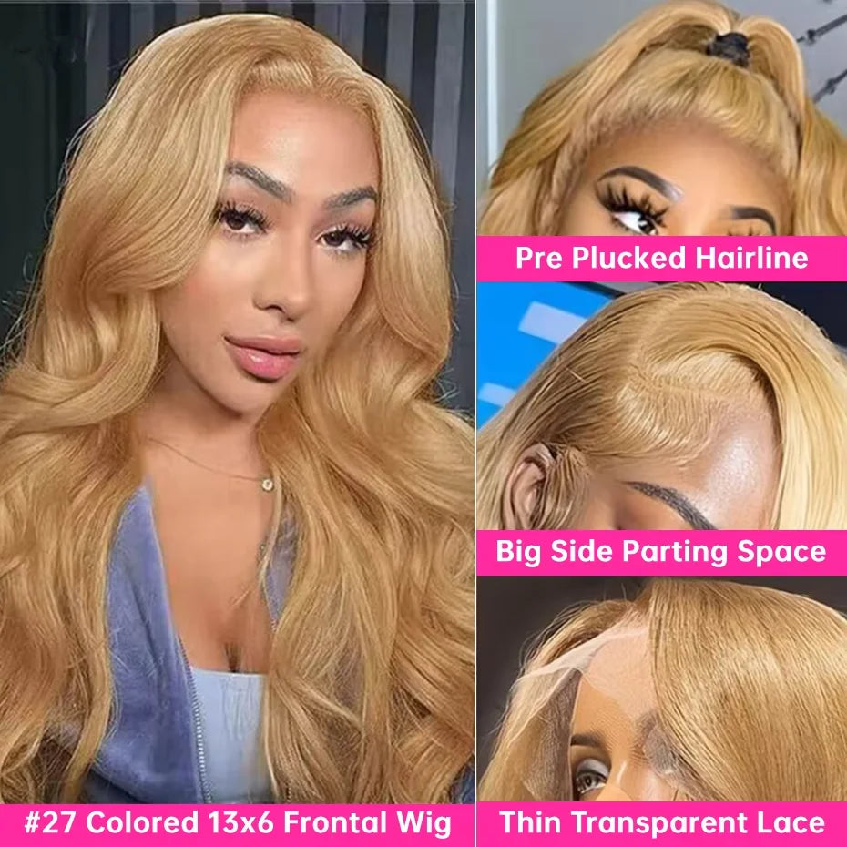 Honey Blonde Body Wave 13x6 HD Transparent Lace Frontal Wig #27 Blonde Colored Human Hair Wigs For Women Pre Plucked Brazilian