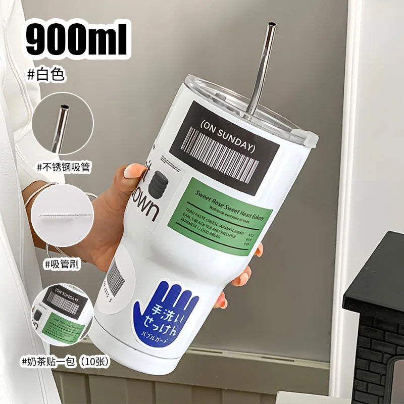 Stainless Steel Portable Coffee Cup With Lid And Straw, Hot And Cold Spill-Proof Travel Cup, Suitable For Cars, Daily, Travel
