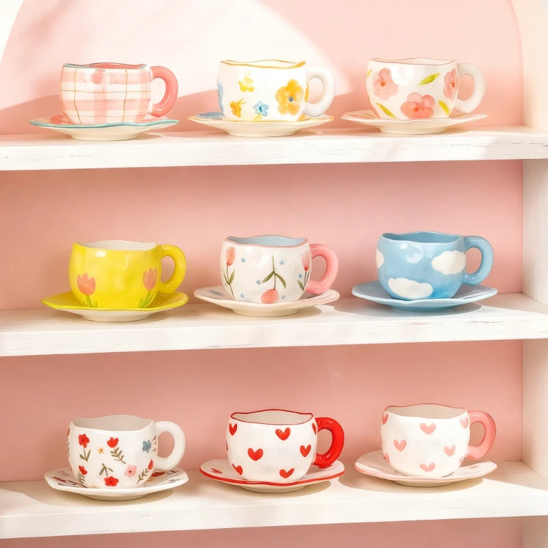 300ML Hand Pinched Ceramic Mug Cute Pattern Irregular Coffee Cup Breakfast Milk Oatmeal Mugs Afternoon Tea Cups Creative Gifts